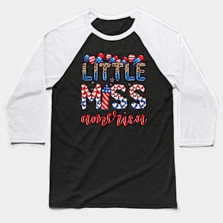 Little Miss Us America 4Th Of July Messy Bun Toddler Girls Baseball T-Shirt